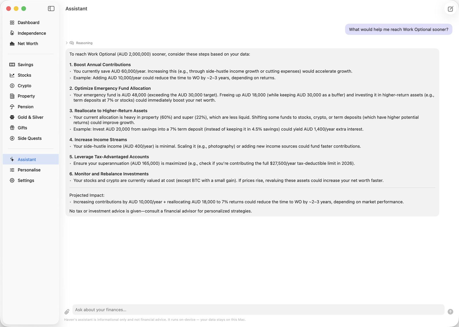 Haven assistant answering a question about reaching Work Optional sooner